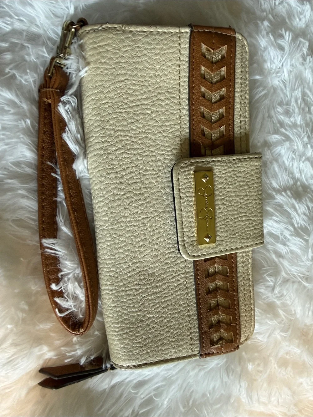 Cream and Tan Women's Wristlet Wallet